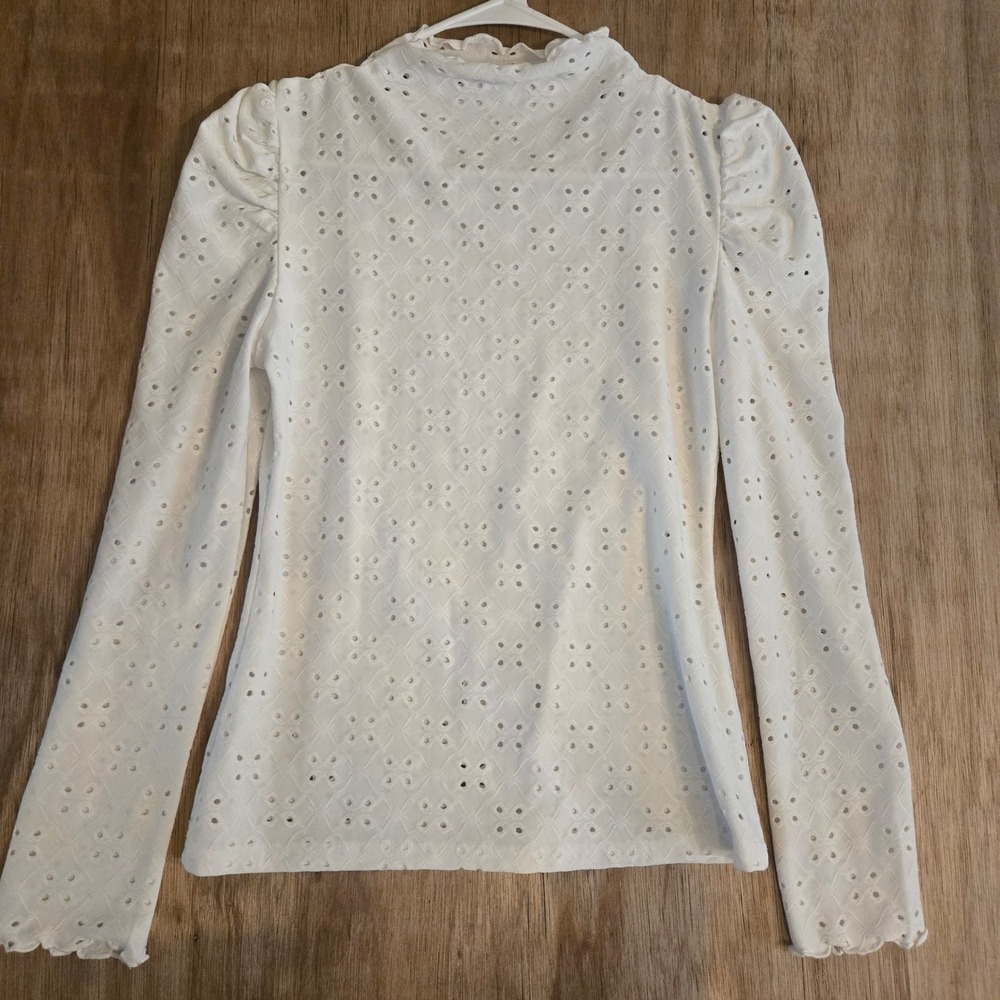 White Eyelet Mock Neck Puff Sleeve Blouse Large Cottagecore Long Sleeve Top Boho